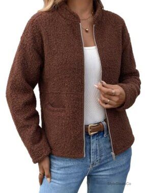 Teddy Fleece Jacket Stand Collar Full Zip Casual Coat Pockets